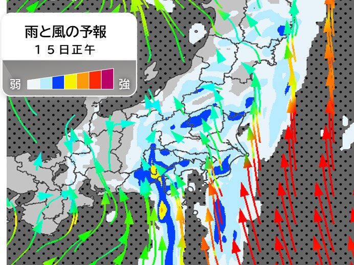 大雨警報発令中の関東甲信地方、雷雨と河川増水を示す気象レーダー画像