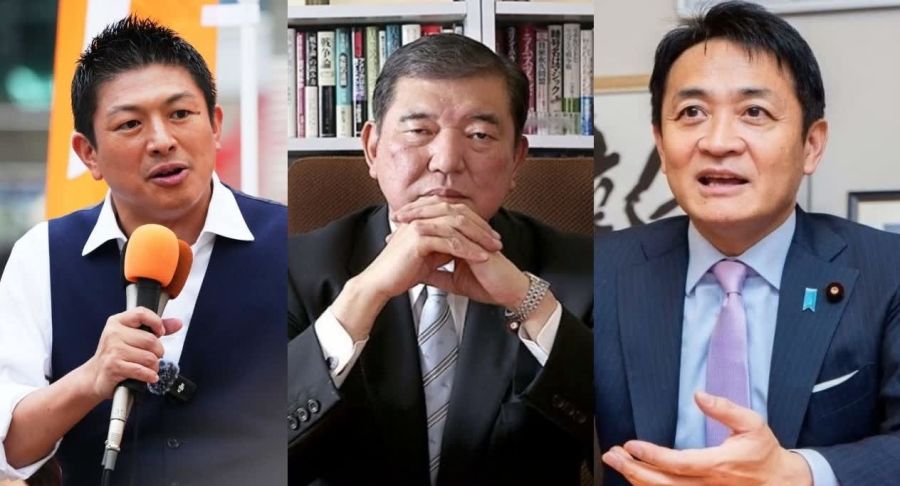 参院選に向けた政治情勢を象徴する一枚：不人気により「石破隠し」が進む石破首相（中央）と、躍進が期待される国民民主党の玉木代表（右）、参政党の神谷代表（左）。