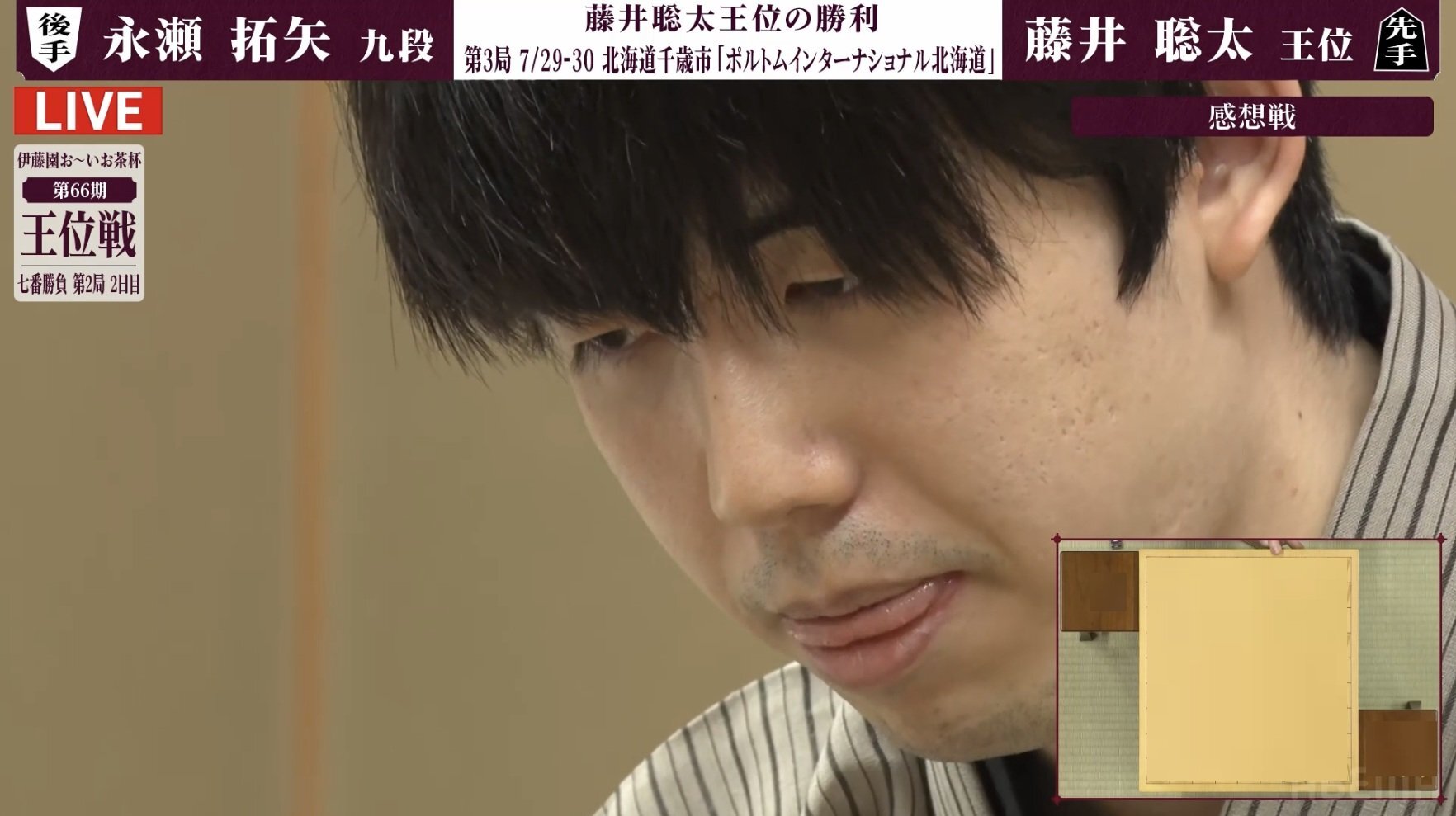 藤井聡太王位が盤面を前に熟考する様子。第66期王位戦第2局での勝利を象徴する一枚。