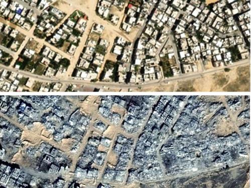 ガザ北部における建物破壊の比較画像：2023年10月（上）と2024年1月（下）の衛星写真（マクサー・テクノロジーズ社撮影、ヘブライ大学提供）