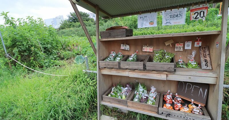 新鮮な野菜が並ぶ無人販売所のイメージ。現代的な防犯対策や決済システムを連想させる外観。