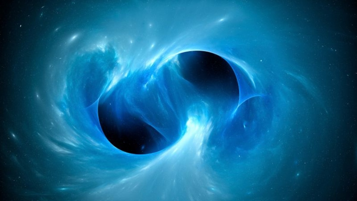 二つの巨大ブラックホールが衝突・合体する様子を概念的に描いたイラスト