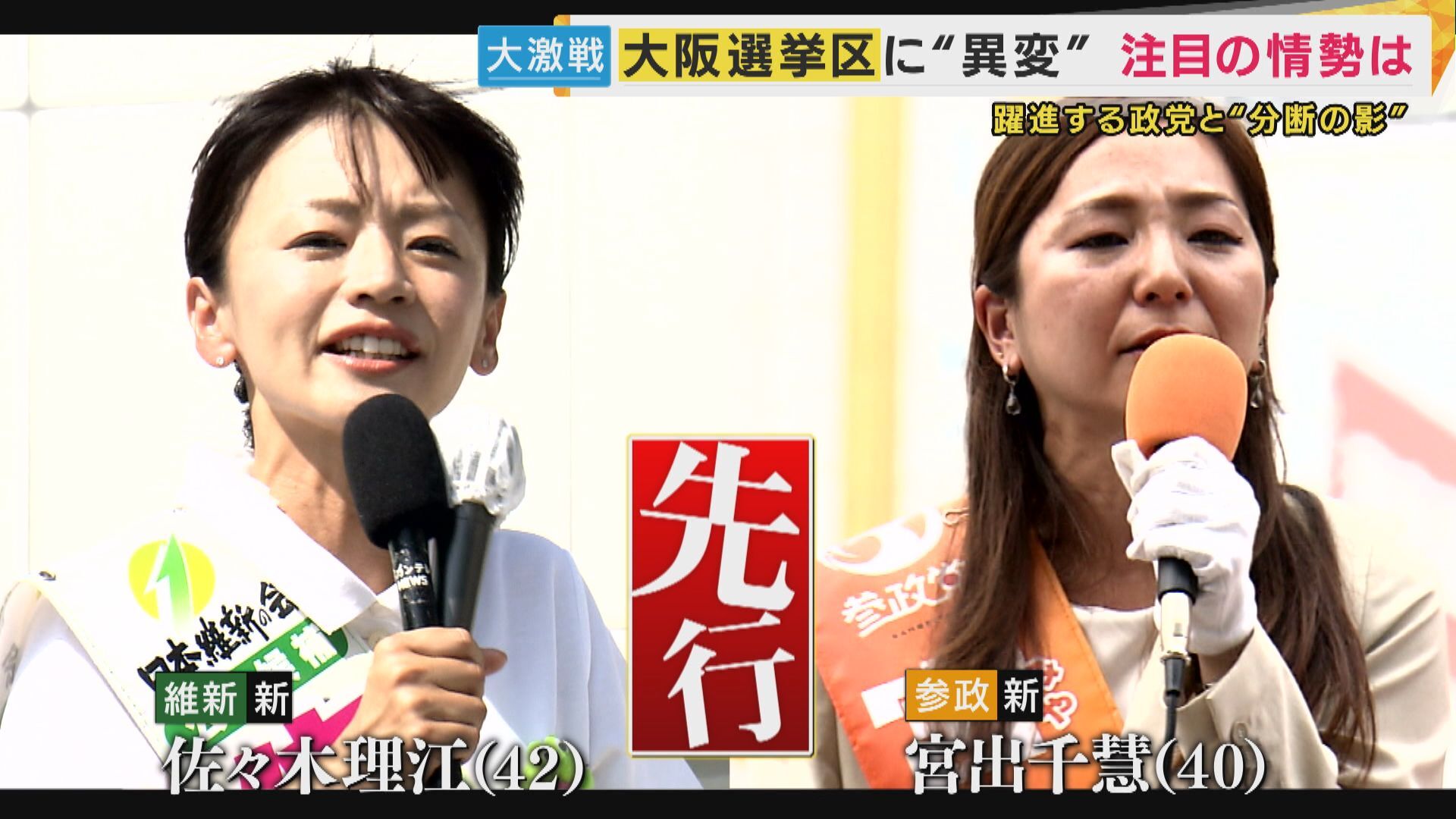 参議院選挙大阪選挙区で先行する日本維新の会・佐々木理江氏と参政党・宮出千慧氏の肖像。
