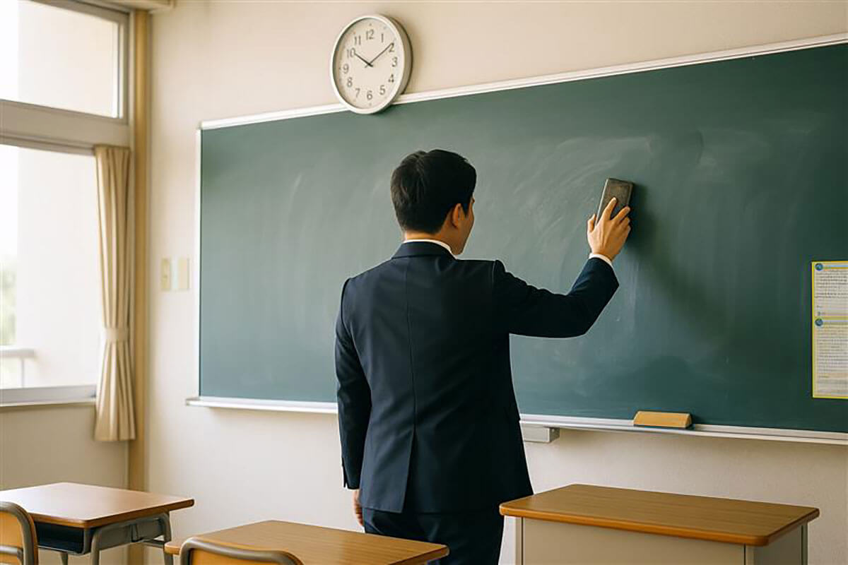 昭和時代の学校で生徒指導を行う男性教師のイメージ。かつての教育現場における教師と生徒の関係性や体罰の議論を想起させる。