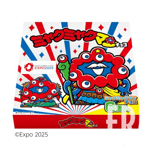 ロッテと大阪・関西万博公式キャラクターミャクミャクがコラボした「ミャクミャクマンチョコ」のパッケージ。人気のミャクミャクグッズとして注目されるお菓子投資の対象。