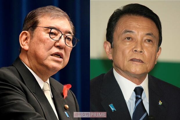 参議院選挙大敗後も首相続投の意向を示す石破茂氏（左）と、その退陣を強く求める麻生太郎氏（右）が並び立つ様子。