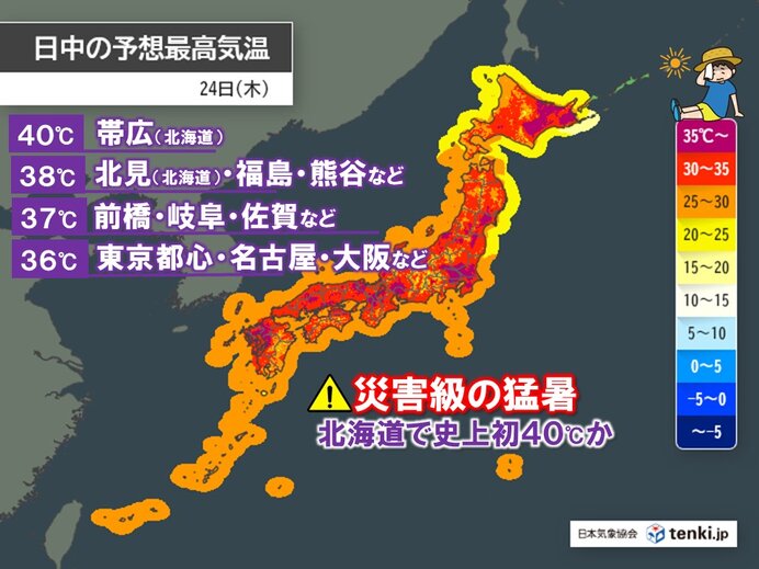 北海道に迫る熱波と高気圧の配置を示す天気図