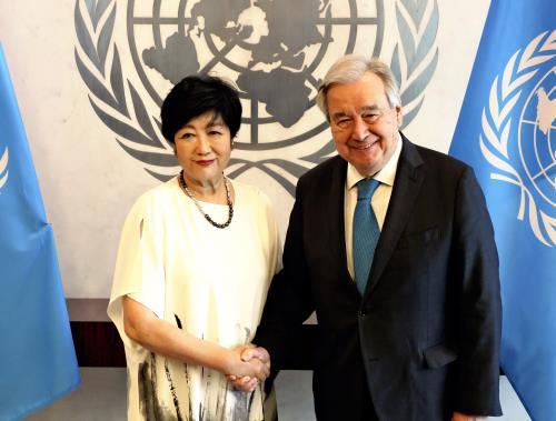 国連一部機能の東京誘致、訪米中の小池百合子都知事がグテレス事務総長に提案「様々なサポートしたい」