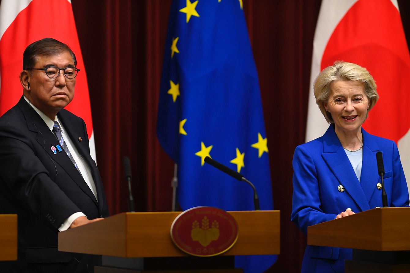 2025年7月23日、石破茂首相と会談後、記者会見に臨むフォンデアライエン欧州委員会委員長