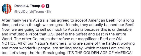 トランプ大統領がトゥルース・ソーシャルに投稿した米国産牛肉の輸入促進に関する警告メッセージのスクリーンショット。