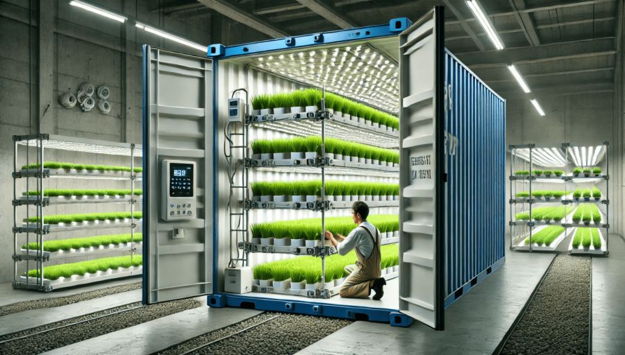 水耕栽培で育てられる草丈15～20cmの超矮性イネ「みずのゆめ稲」の様子。限られた空間での栽培を可能にするLED照明と栽培槽が特徴。