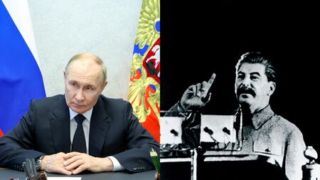 ロシアのプーチン大統領とスターリンの比較写真、政権の「要塞化」と「ミニ・スターリン化」を示す