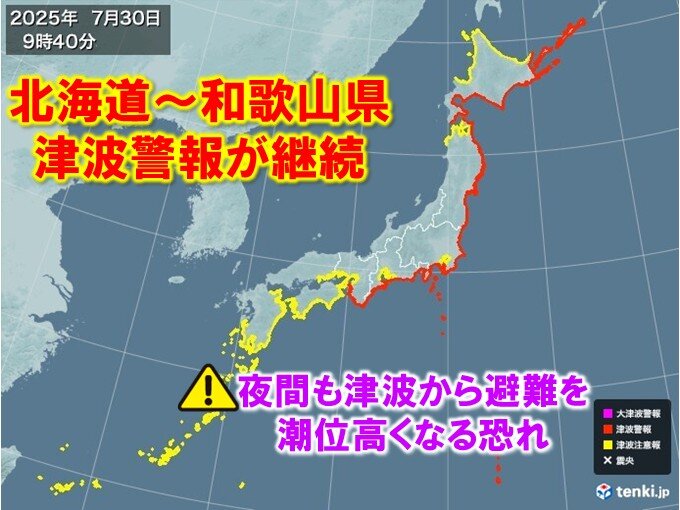 日本の太平洋沿岸に到達する津波の状況を示す地図と情報