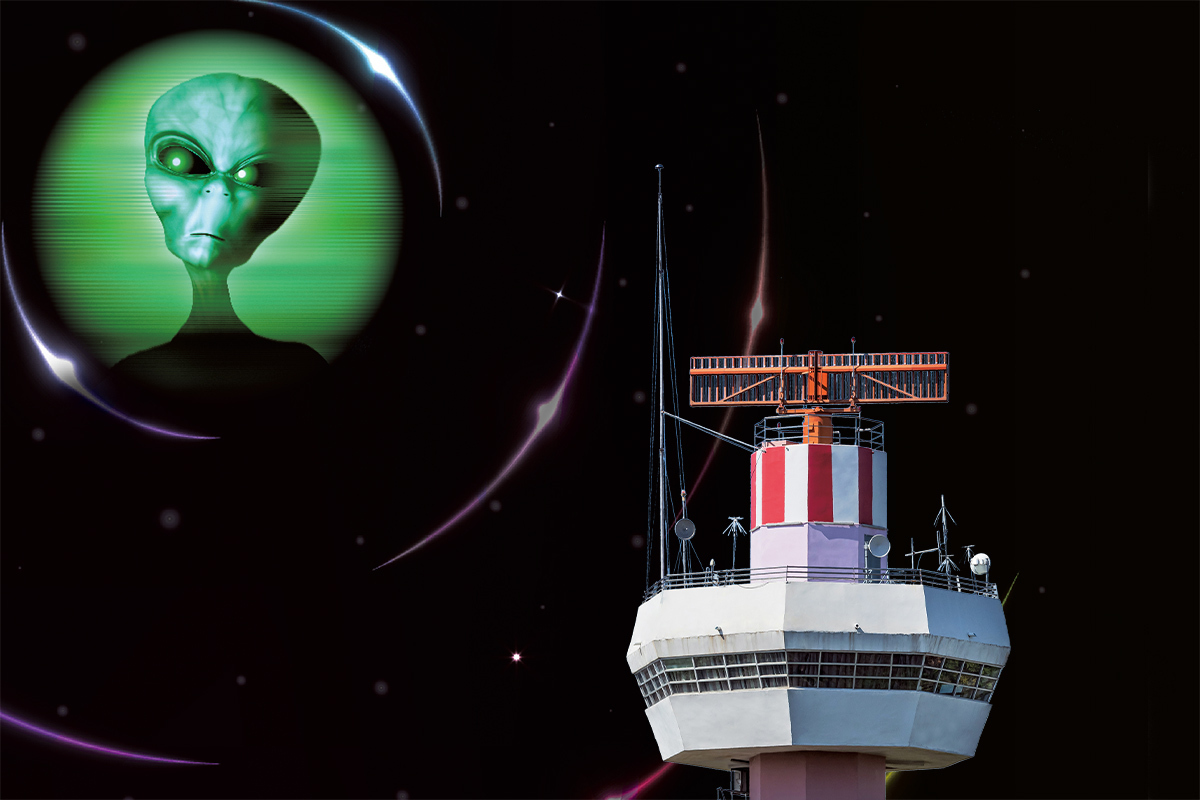 地球から宇宙へ広がる電波信号のイメージ。人工衛星や電波望遠鏡、都市の光が描かれ、人類の技術的痕跡が宇宙に伝わる様子を示唆している。