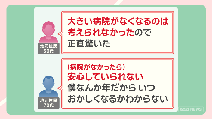 閉鎖された病院についてインタビューに答える地元住民。安心できる医療体制への不安と期待が言葉の端々に表れている。