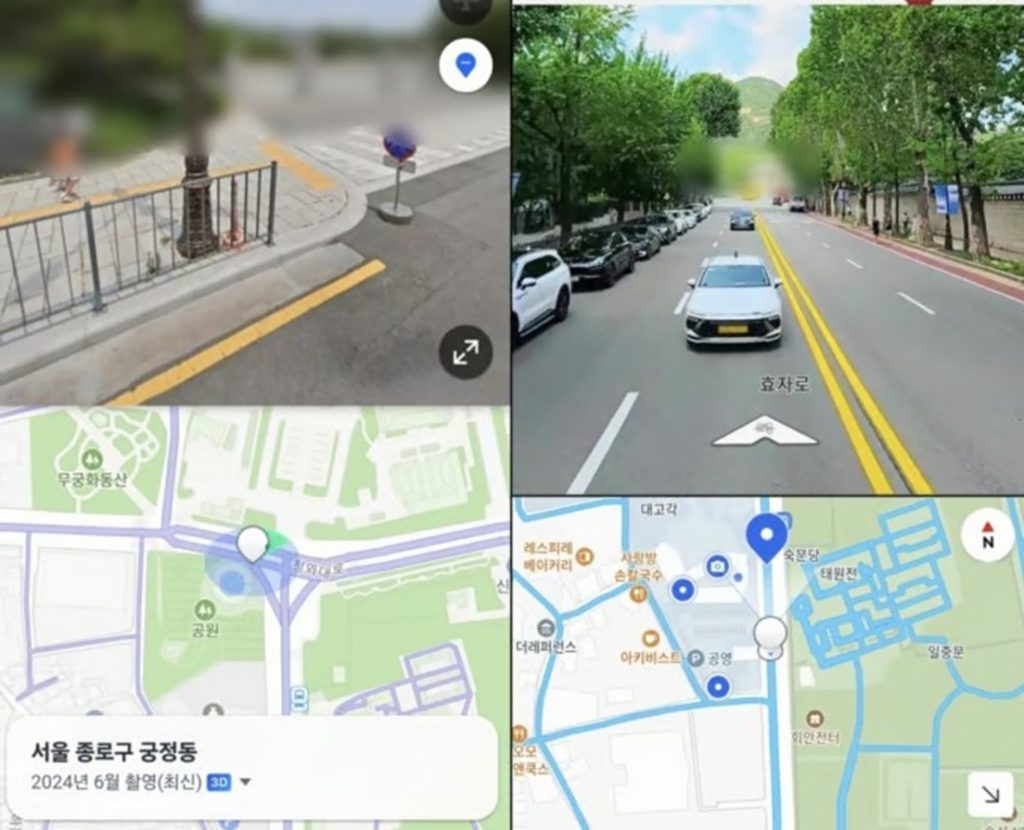 青瓦台の検索が制限されたネイバー地図とカカオマップの画面。韓国の国家保安施設再指定に対応した地図アプリのぼかし処理を示す。