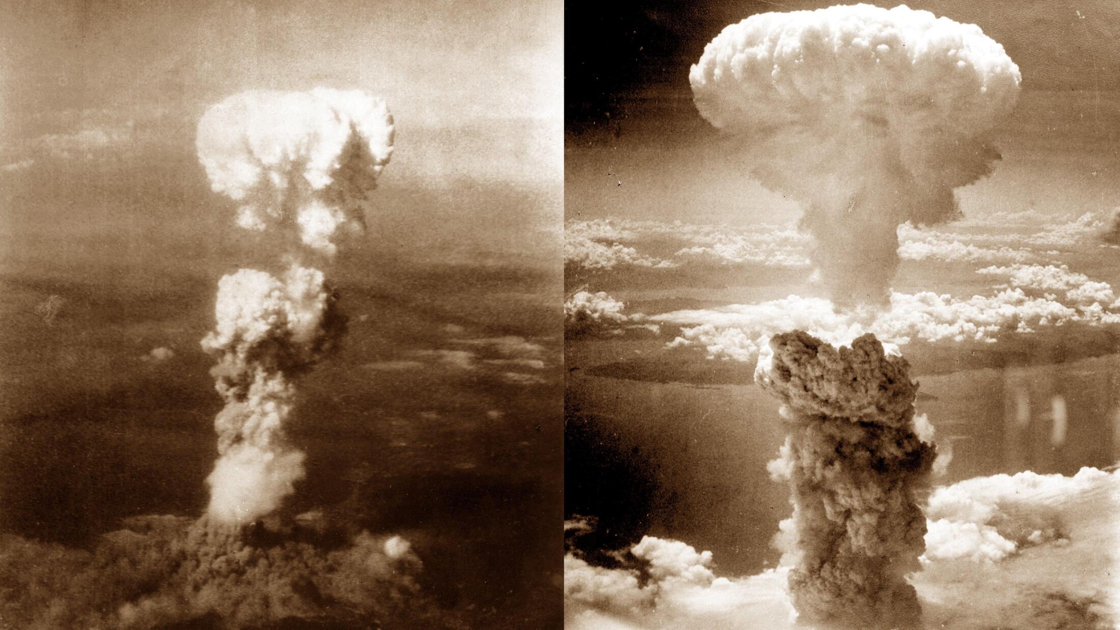 広島と長崎への原爆投下後に立ち上ったキノコ雲。左が広島、右が長崎を示す。