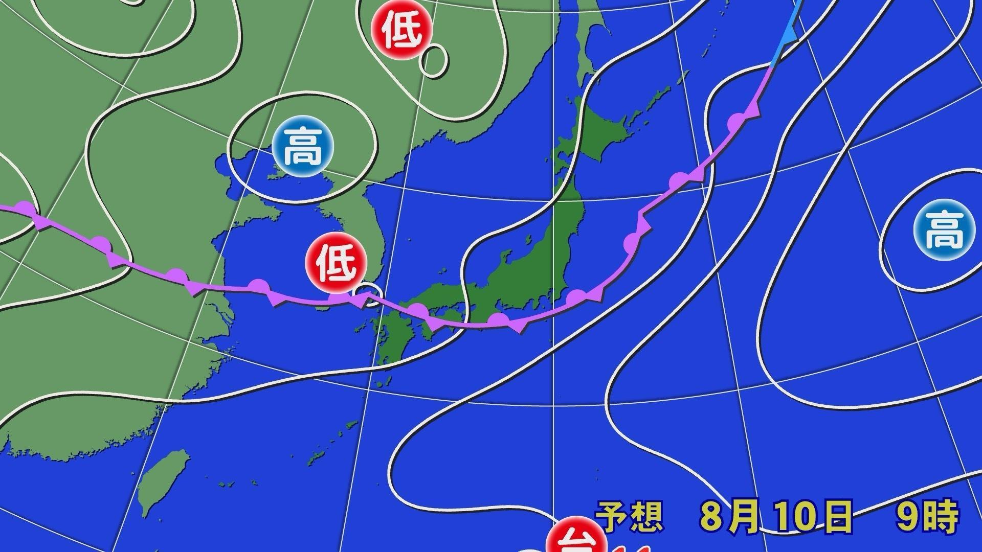 10日午前9時の予想天気図：九州北部停滞前線と湿った空気の流れ込み