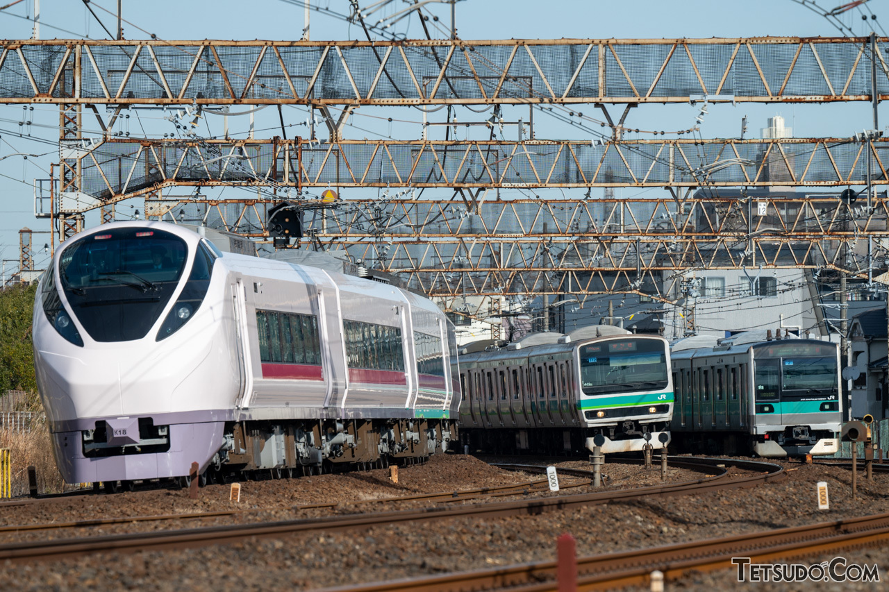 常磐線の異なる列車種別：特急、青帯の快速、緑帯の快速、千代田線直通各駅停車が一堂に会する様子。