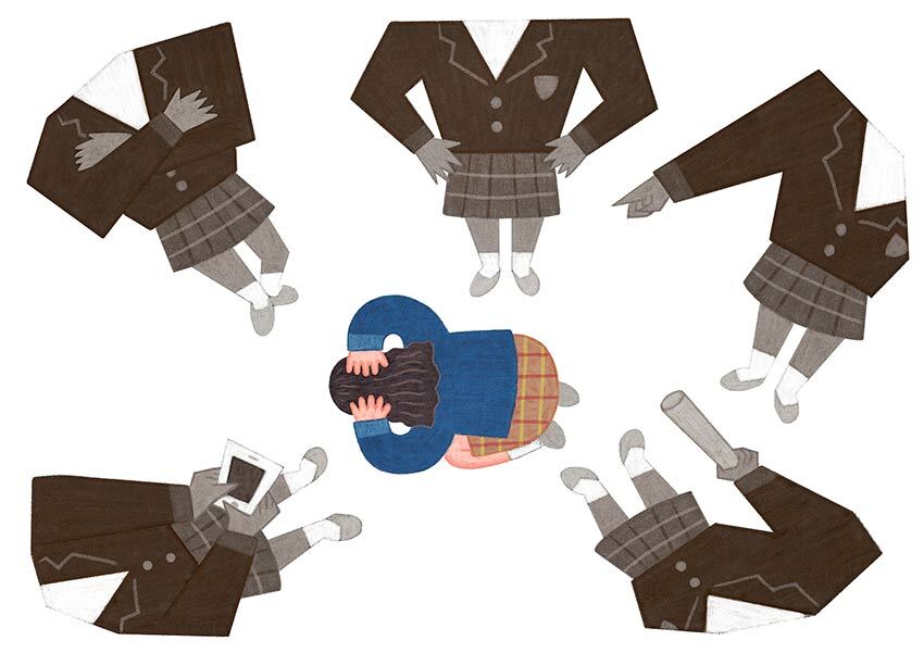 中国・江油市で発生した女子中学生集団暴行事件を描いたイラスト。少年犯罪の深刻化と社会の怒りを象徴。