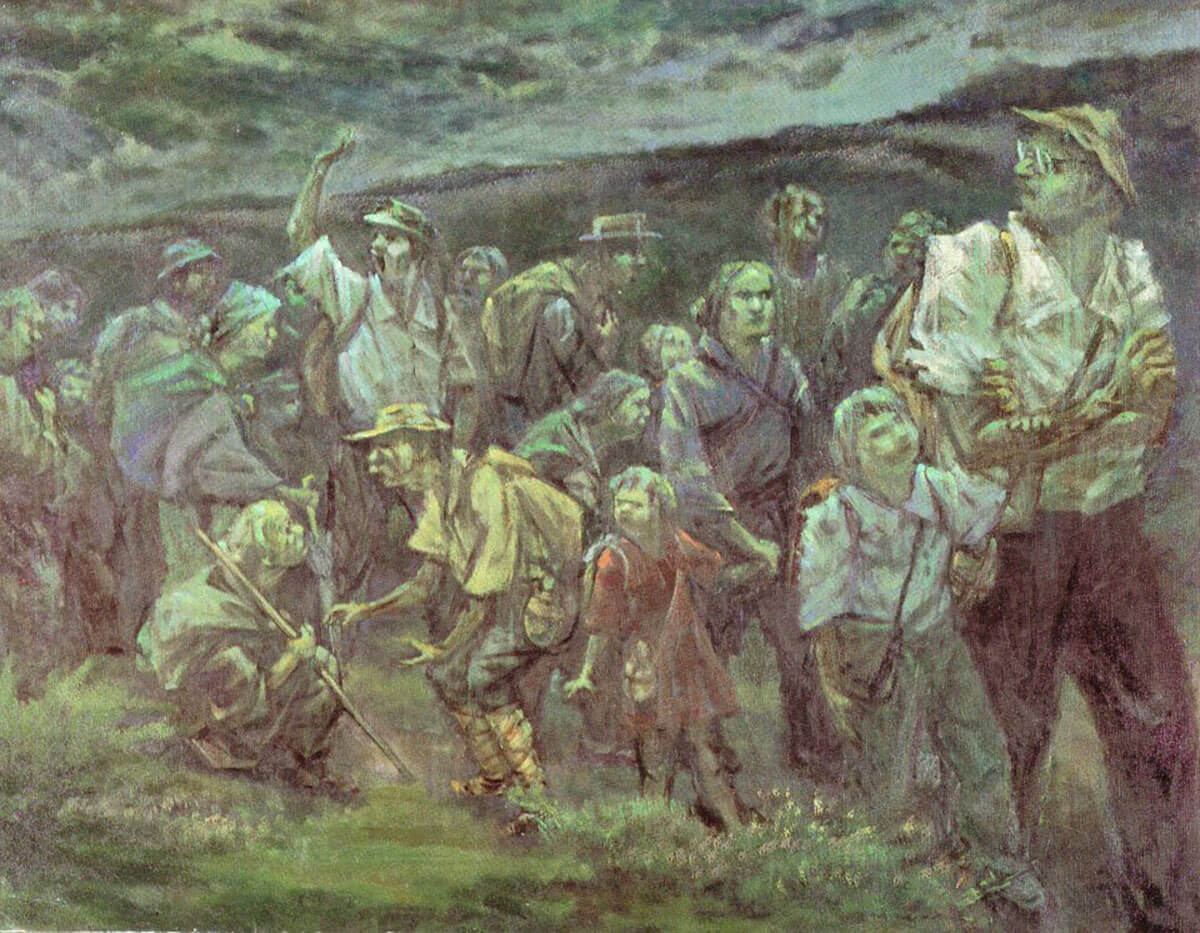 朝鮮半島38度線を越える日本人難民の困難な脱出を描いたイラスト