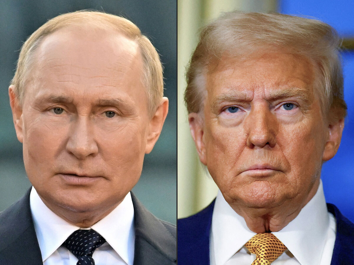 米ロ首脳会談後に会見するロシアのプーチン大統領とトランプ米大統領の様子。ウクライナ情勢の議論に関心が高まる。