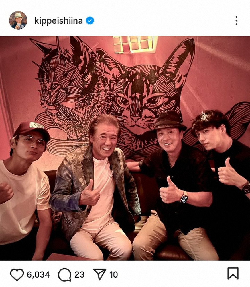 椎名桔平がインスタグラムで公開した、西岡徳馬、高良健吾、山崎育三郎とのドラマ打ち上げ集合写真。
