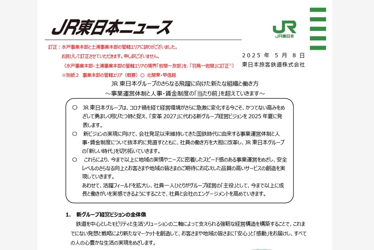 JR東日本の36事業本部体制への移行を示す公式資料と組織図