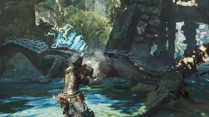 モンスターハンターワイルズの迫力あるゲームプレイ画面。広大なフィールドで巨大なモンスターと対峙するハンターが写っている。
