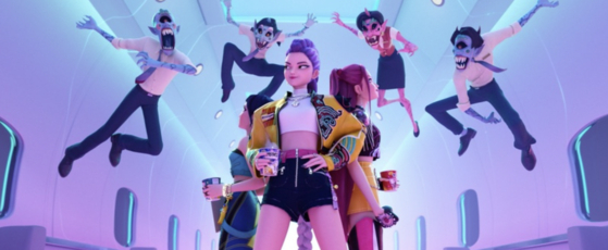 ネットフリックス配信アニメ「K-POPガールズ！デーモン・ハンターズ」のK-POPアイドルが活躍する戦闘シーン。韓国コンテンツの知的財産権（IP）における課題を示す事例。