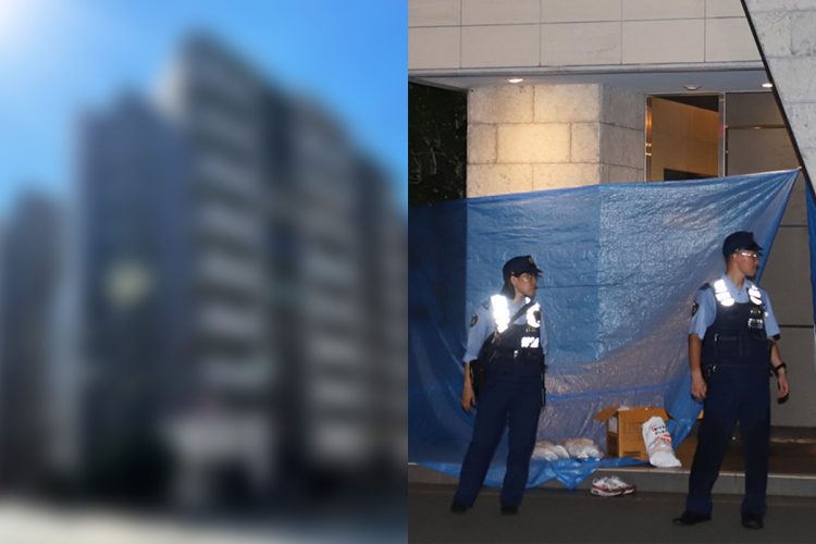 神戸市灘区のマンションで発生した刺殺事件現場。2025年8月20日、女性が犠牲となった痛ましい現場の様子。時事通信フォト提供。