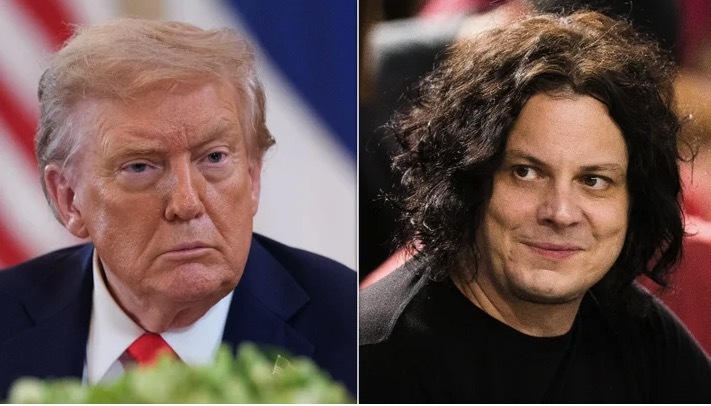 トランプ大統領とジャック・ホワイト氏が並び立つ様子、大統領執務室の金色の装飾を背景に