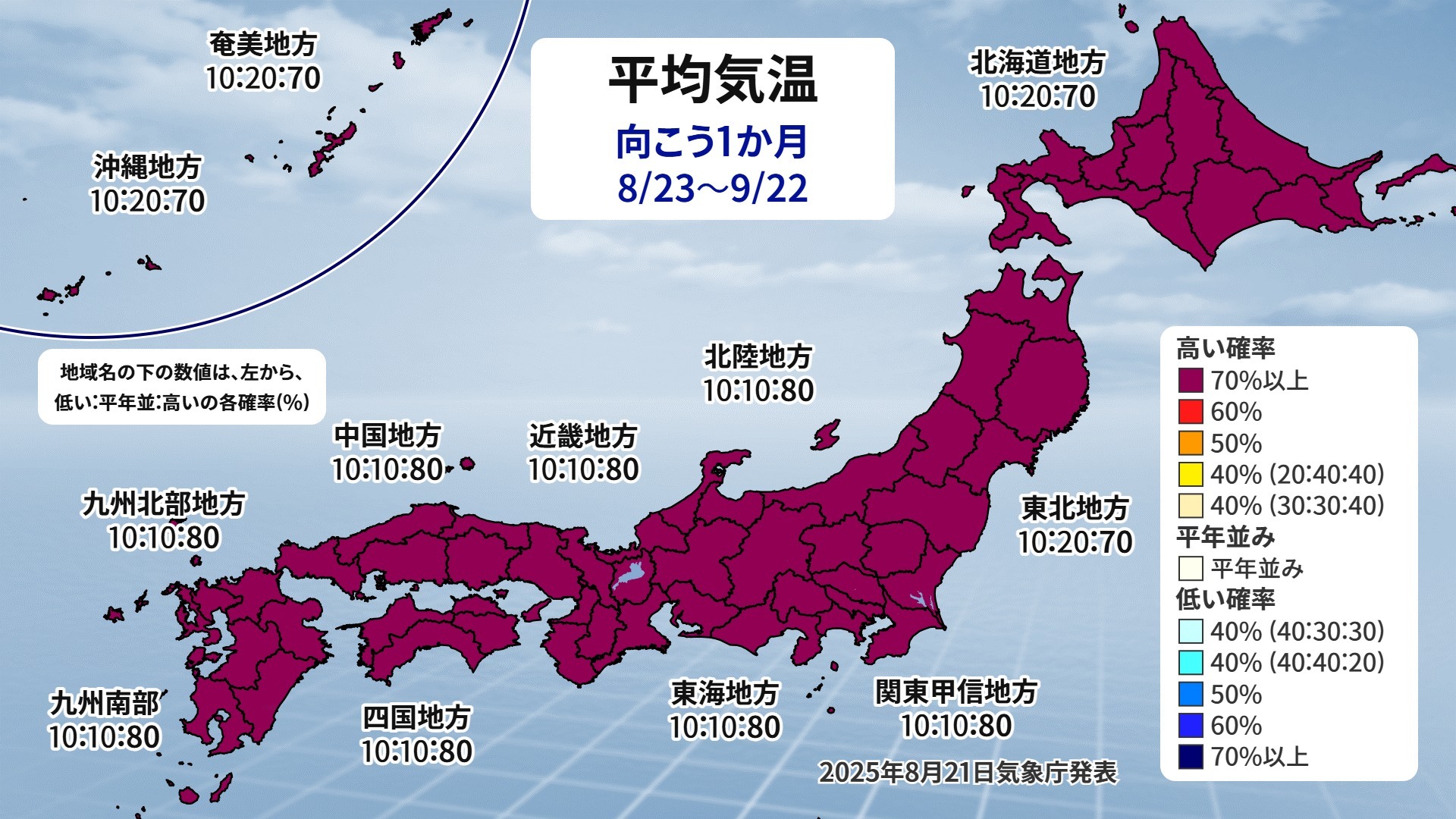 最新の1か月予報における全国の平均気温偏差図。向こう1か月も平年より気温が高い地域が多いことを示す