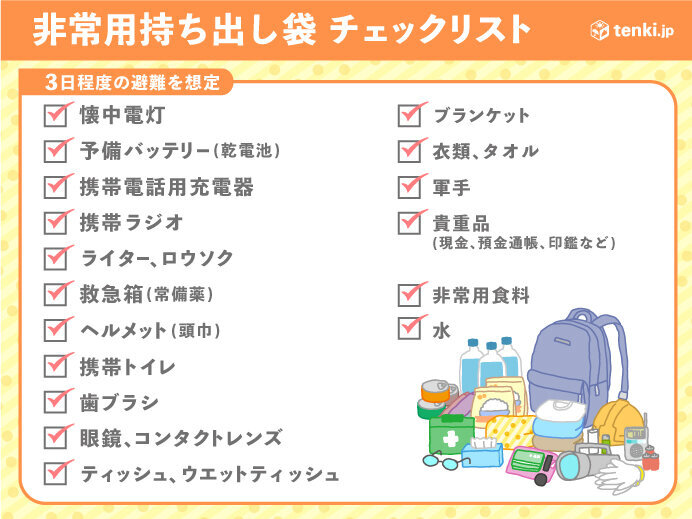 台風に備えるための非常用持ち出し品と防災グッズの例