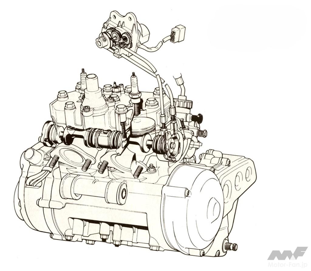 1985年に登場したヤマハTZR250（1KT）。GPレーサーYZR500を規範としたアルミ製デルタボックスフレームが特徴。