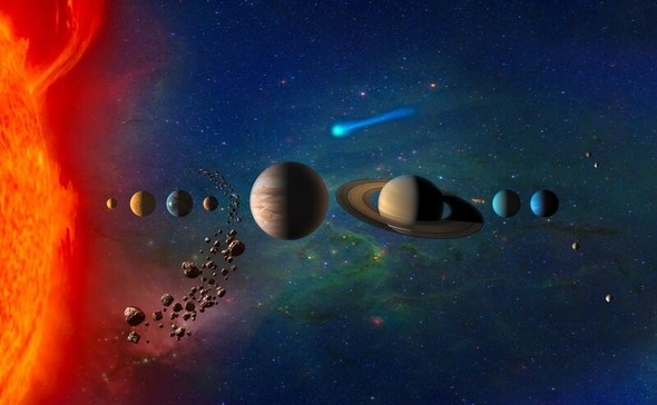 太陽系に接近する「旅する星」によって不安定化する惑星の軌道と、それによる地球終末の可能性を示すNASAの想像図