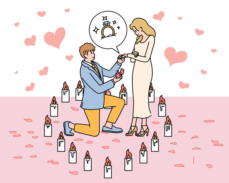 韓国ミレニアル世代の華やかなプロポーズ文化を示すイラスト。高級ブランド品と指輪が並べられ、特別な瞬間を演出している様子。