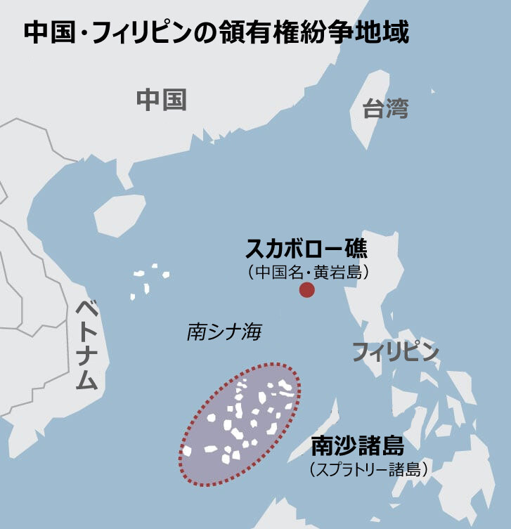 南シナ海、スカボロー礁周辺で中国艦船がフィリピン沿岸警備隊の艦船を追尾している様子