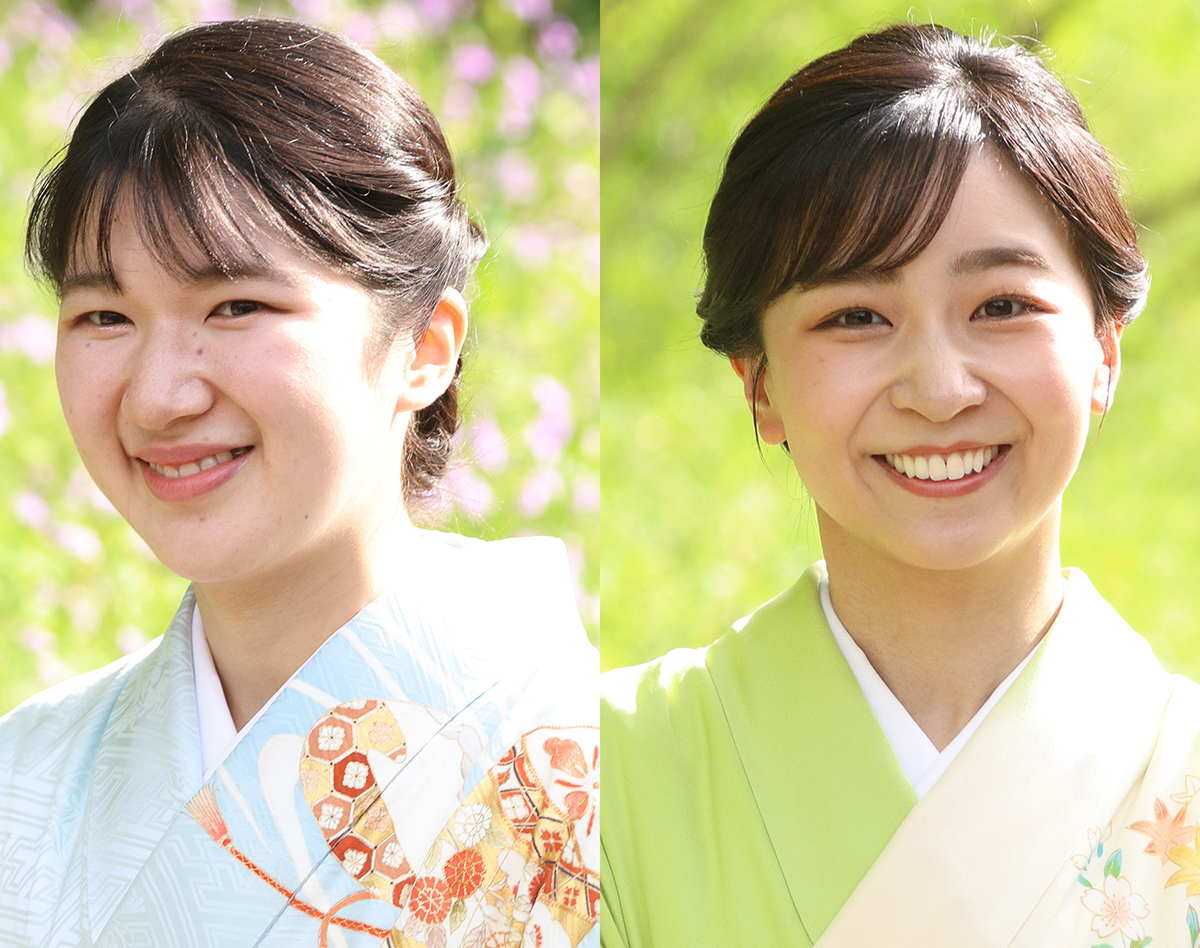皇居宮殿での茶会に出席された愛子さまと佳子さま。お二人は爽やかなミントグリーンの振袖姿で、その華やかな装いが注目を集めた。