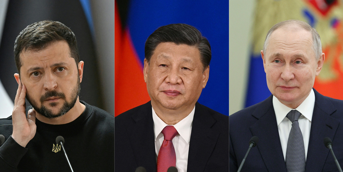 中露ウクライナ間の複雑な外交を示すゼレンスキー、習近平、プーチン各氏の画像