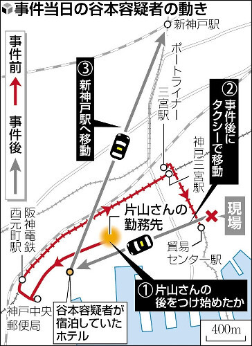 神戸マンション殺人事件における谷本将志容疑者の事件当日の移動経路を示す地図