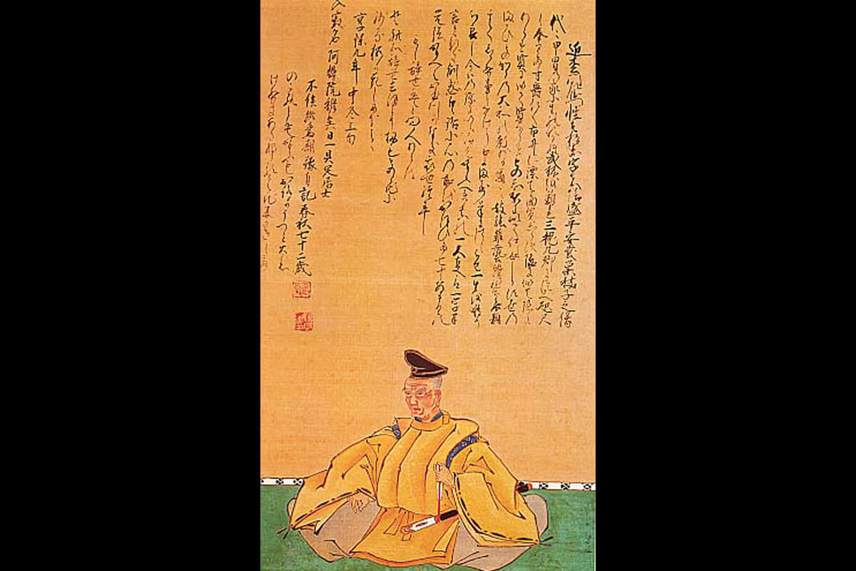 浄瑠璃と歌舞伎の大家、「国性爺合戦」の作者である近松門左衛門の肖像画。日本の古典芸能の巨匠。