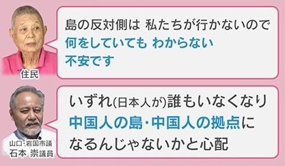 笠佐島における外国人土地購入問題に対し、不安を語る地元の住民