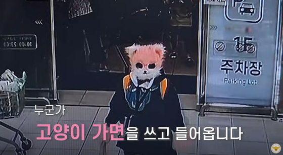 韓国巨済市のマートで刃物を持ち、不審な行動をとる猫の仮面を被った20代女性の姿