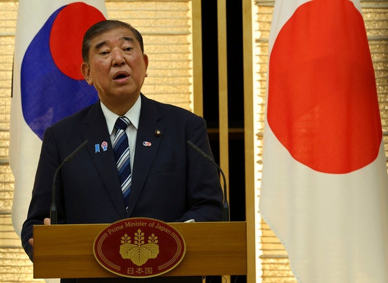 日韓首脳会談で共同発表を行う石破茂首相