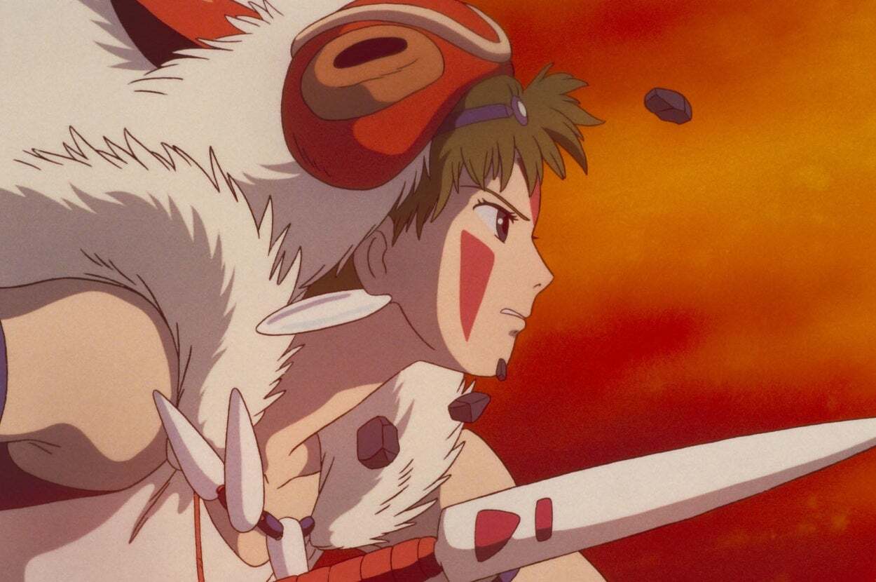 もののけ姫の主人公サンが森の中で思案する姿。自然と共生する物語の象徴。