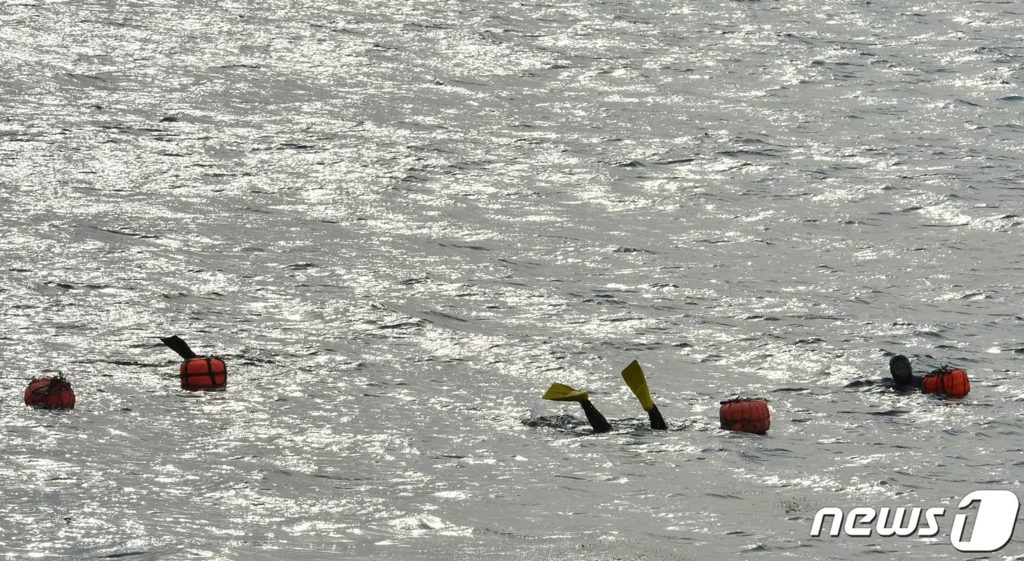 韓国釜山沖での海女の潜水活動イメージ、海上での作業リスクを想起させる