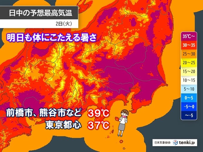 9月2日（火）以降も関東地方を襲う危険な猛暑日の最高気温予報図