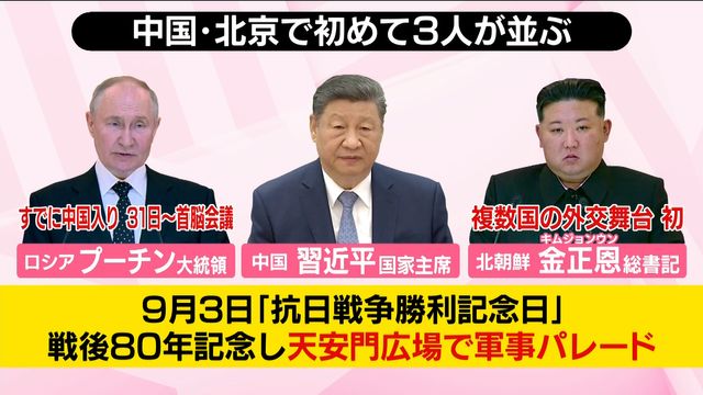 習近平国家主席、プーチン大統領、金正恩総書記が北京の軍事パレードで初めて顔を並べる様子