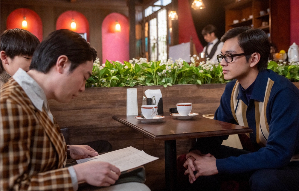 連続テレビ小説「あんぱん」第112話、落ち込む柳井嵩（北村匠海）を囲むいせたくや（大森元貴）と辛島健太郎（高橋文哉）の場面。